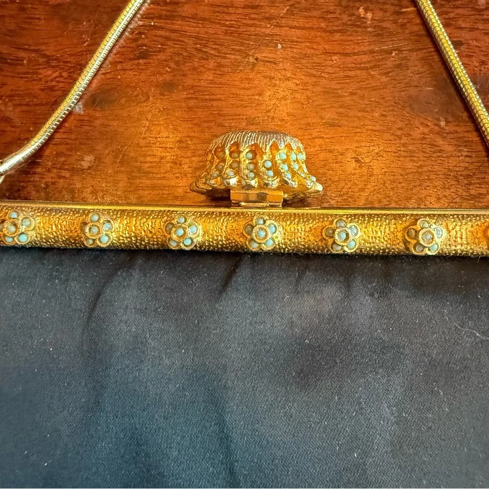 Vintage 1950s Black Satin Evening Purse with Ornate Gold Enamel Frame - Picture 2 of 8